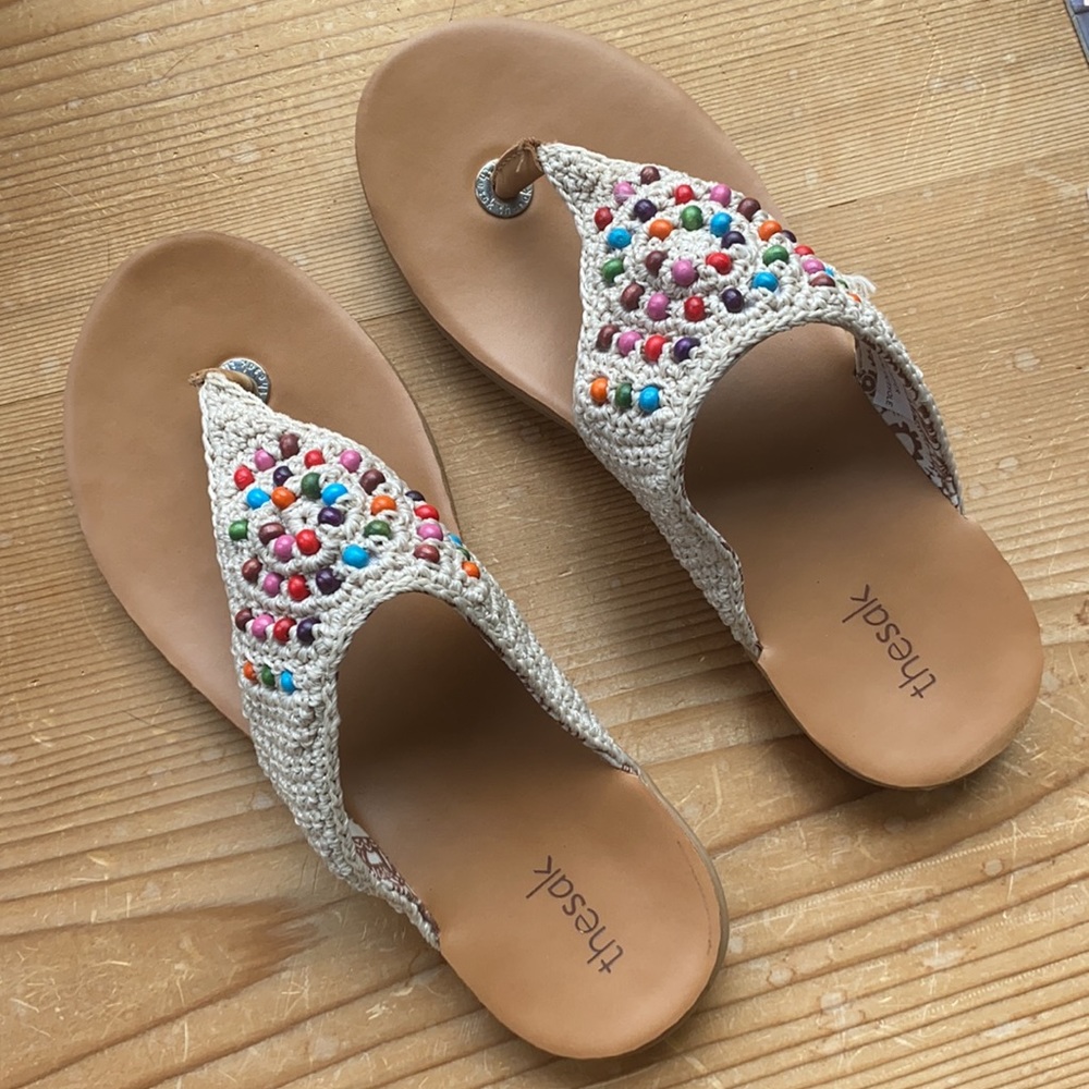 The Sak Cream Crochet Beaded Thong Sandals with Multicolor Embellishments